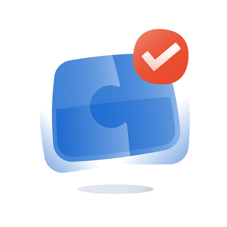 Simple solutions, assemble puzzle pieces, jigsaw logo, right combination, cooperation and compromise concept, common ground, mutual solution, fit together, complete task, tick mark, upgrade flat iconのイラスト素材
