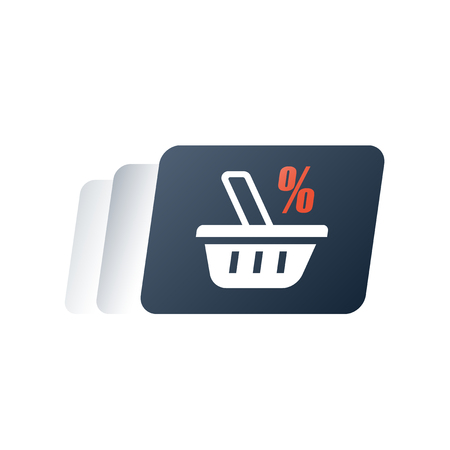 Loyalty card, reward program, earn points for purchase, discount coupon, grocery basket, premium service, fast order delivery, gift card, promo code, vector flat iconのイラスト素材