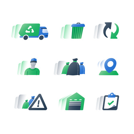 Garbage removal green truck, fast service, collect rubbish, waste bin and litter bags, recycle program, circle arrows, dump vehicle, trash can, recycling plant, vector flat icon setのイラスト素材