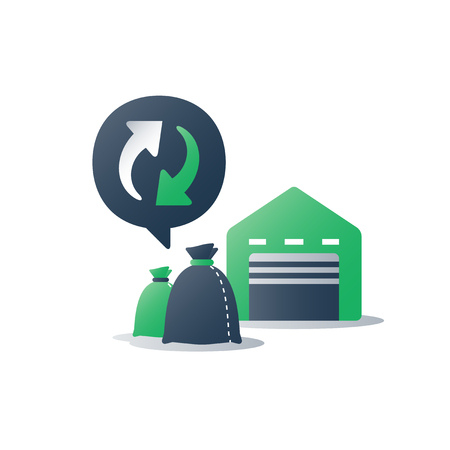 Rubbish recycling plant, recyclable materials, garbage bags, utilization program, sorting warehouse, vector flat iconのイラスト素材
