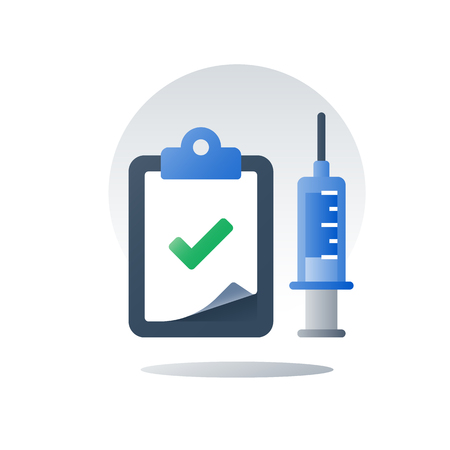 Vaccination concept, annual preventive inoculation, syringe and clipboard, health care policy, medical program, virus therapy, vector flat iconのイラスト素材