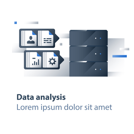 Big data analyzing, information collection and processing, report graph, data server, business technology, vector icon, flat illustrationのイラスト素材
