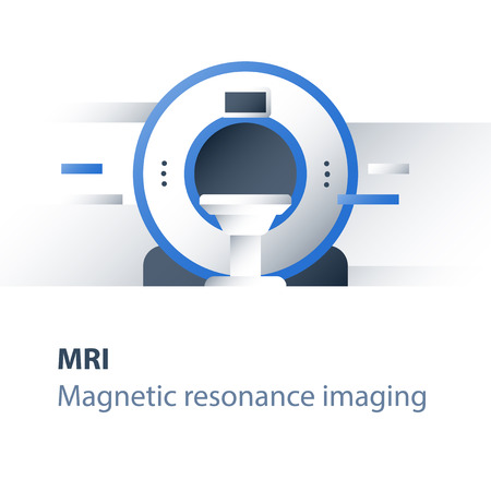 Magnetic resonance imaging procedure, medical services, health care check up, head diagnosis and analysis, brain examination, find tumor, MRI station, vector flat iconのイラスト素材