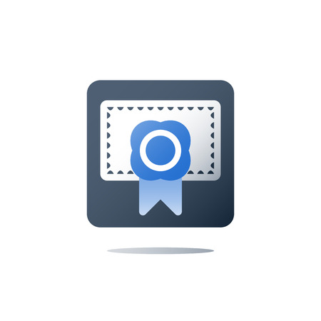 Medical certificate, clinic diploma, health care services, licence concept, education diploma, complete course, patent registry, vector icon, flat illustrationのイラスト素材