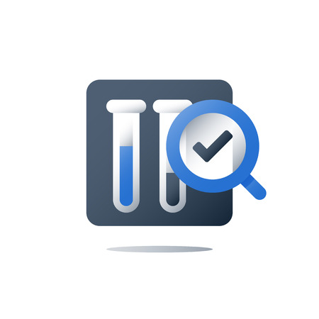 Medical laboratory analysis, liquid sample test result, magnifying glass and lab tubes, chemistry research and education, pharmacology concept, vector flat iconのイラスト素材