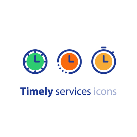 Fast time icon, stop watch symbol,  time period concept, working hours,  quick timely delivery, express and urgent services, deadline and delay, vector line icon setのイラスト素材