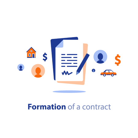 Contract creation service, document formation, application form composition, obligation concept, last will paper, prenup terms conditions, divorce property separation, settlement agreement vector iconのイラスト素材