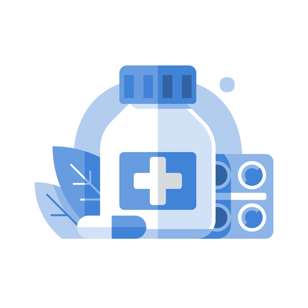 Pharmacy and medicine, medical drugs, antibiotics capsule, painkiller pills, bottle and tablet bar, preventive medicament, medication therapy, health care services, vector icon, flat illustrationのイラスト素材