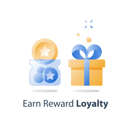 Earn points, loyalty program, collect bonus tokens, reward gift, present box, redeem prize, perks concept, full glass jar, vector icon, flat illustrationのイラスト素材