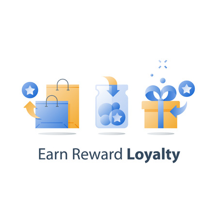 Reward points, earn gift, loyalty concept, incentive program, redeem gift, present box, collect...