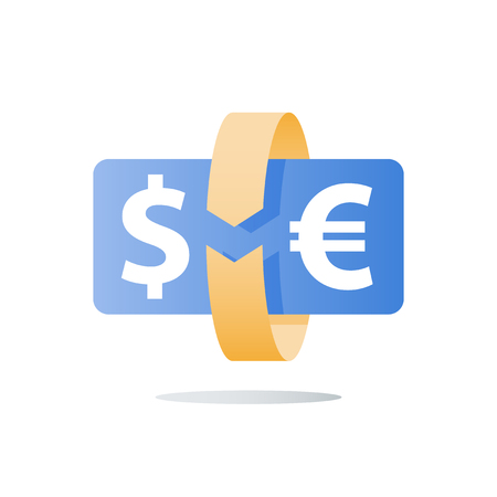 Currency exchange, dollar and euro, investment return, money transfer, financial capital, refund concept, circle arrow, solution provider, instant payment, vector iconのイラスト素材