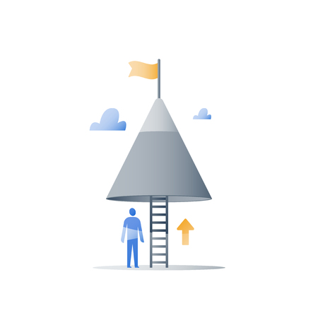 Never give up concept, mountain top, reach higher goal, accomplish challenge, next step level, long way to success, positive thinking, growth mindset, overcome obstacle, steady progressのイラスト素材