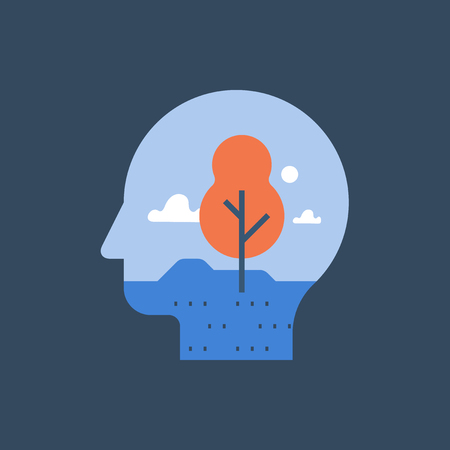Harmony and mental wellbeing, clear thinking, meditation concept, inner peace, self reflection, psychotherapy, vector iconのイラスト素材