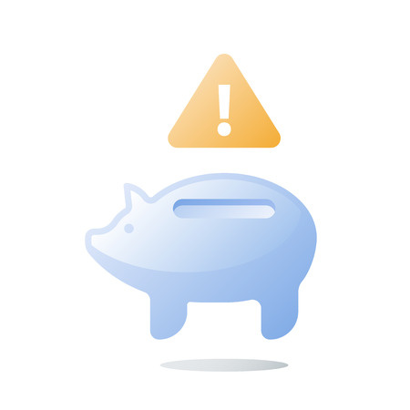 Empty glass piggy bank, budget plan, invest fund mismanagement, bad finance, need money, unexpected spending, financial loss prevention, wasting capital, savings account, attention sign, vector iconのイラスト素材
