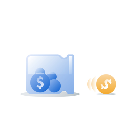 Empty glass jar and rolling coin, money loss, debt increase, lack of finance, investment fund risk, wealth devaluation, income decrease, vector iconのイラスト素材