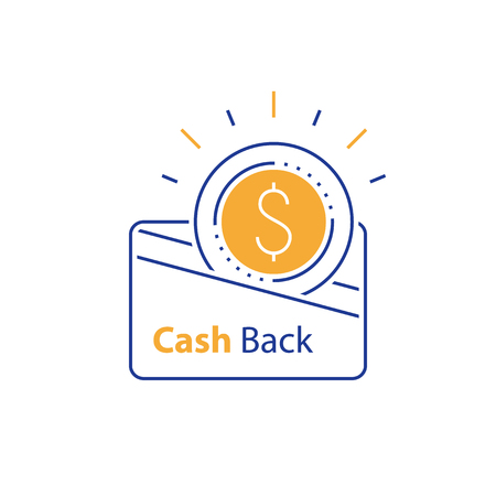 Loyalty concept, cash back, currency credit card, fast easy loan, collecting bonus, earn reward, vector mono line icon, linear illustration, outline designのイラスト素材