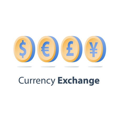 Currency exchange concept, dollar, euro, pound and yen coins, financial services, vector iconのイラスト素材