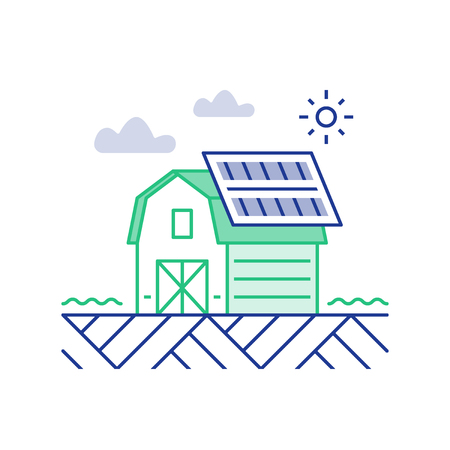 Solar panels on roof of farm house, sun energy for barn, electricity supply, power equipment, vector line iconのイラスト素材