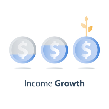 Long term investment strategy, financial value steady growth, asset allocation, stock market future income, revenue increase, mutual fund interest rate, more money saving, plant stem coin concept iconのイラスト素材