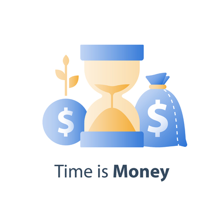 Pension savings fund, long term investment strategy, hourglass and bag, time is money concept, capital growth, asset allocation, financial value increase, future planning, vector iconのイラスト素材