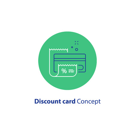 Discount card, till slip, loyalty program, credit card payment, vector line iconのイラスト素材