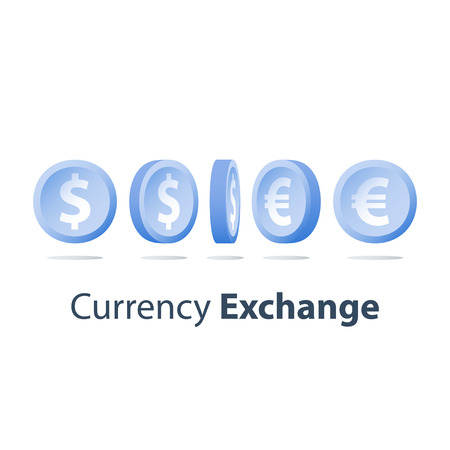 Currency exchange, dollar and euro coins, financial concept, side view, turning sequence, vector iconのイラスト素材