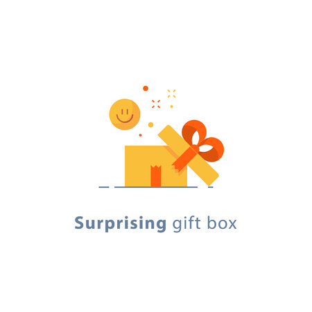 Surprising gift, prize give away, emotional present, fun experience, gift idea concept, flat design icon, vector illustrationのイラスト素材