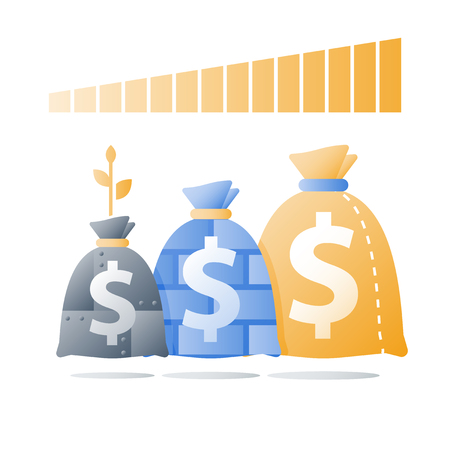 Strong investment portfolio, secure capital allocation, high financial safety, bank savings deposit, mutual fund, wealth management, invest strategy, metal bag, vector iconのイラスト素材