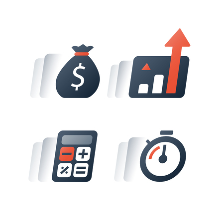Long term investing strategy, financial performance report, revenue increase, interest rate chart, fast income growth, mutual fund, quick loan, expenses calculating, stopwatch time period, vector iconのイラスト素材