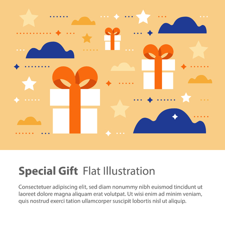 Special gift, creative unusual present, surprising box concept, birthday card, vector flat illustrationのイラスト素材
