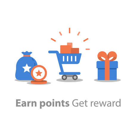Loyalty program, earn points for purchase, reward concept, full shopping cart, redeem gift, vector icon, flat illustrationのイラスト素材