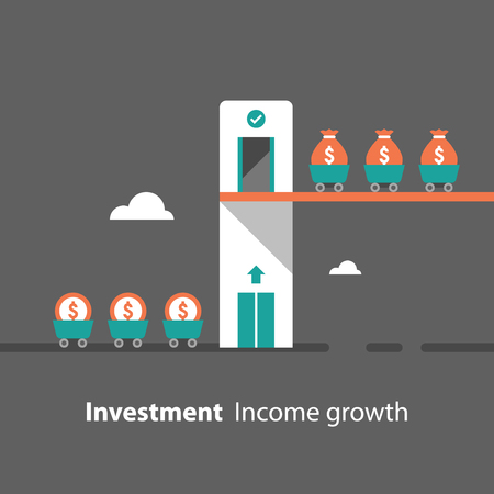 Return on investment, income growth, revenue increase, financial productivity, fund raising concept, evaluation, mutual fund, low risk, business profit, money flow, vector flat illustrationのイラスト素材