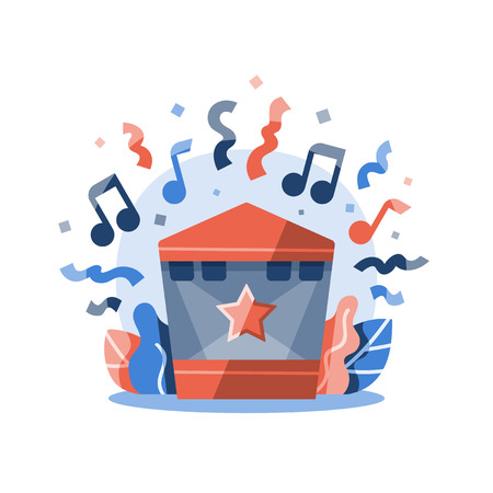 Outdoor concert stage with gabled roof, music festival, entertainment performance, festive event arrangement, vector icon, flat design illustrationのイラスト素材