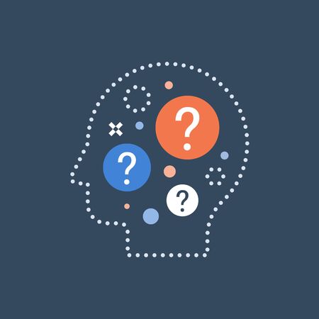 Decision making, difficult choice, behavior science, self questioning, brainstorm and curiosity concept, neurology, vector icon, flat illustrationのイラスト素材