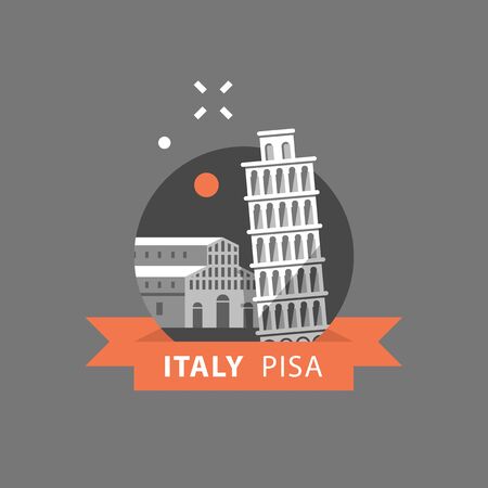 Italy symbol, Pisa tower, travel destination, famous landmark, tourism concept, Italian architecture, vector icon, flat illustrationのイラスト素材