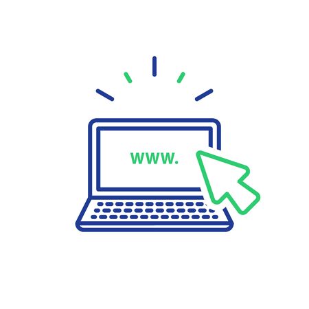 Online services, web design, new website promotion, e-commerce and marketing concept, internet provider, laptop cursor, vector line iconのイラスト素材
