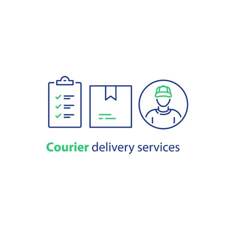 Delivery services, courier person, checklist and clipboard, parcel box, receive order concept, messenger man, vector line icon, thin stroke illustrationのイラスト素材