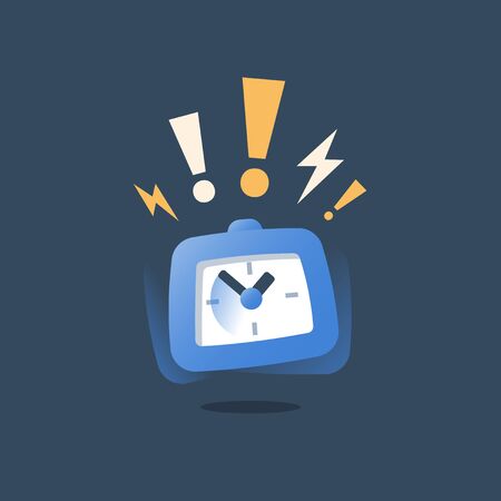 Loud ringing alarm clock in motion, deadline concept, last minute chance, time period ending, limited offer, fast service and urgency, quick delivery, task management, intensive course, vector iconのイラスト素材