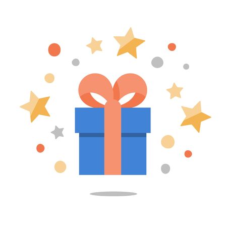 Gift with stars concept, present box with ribbon, surprising big gift, reward program, special prize, flat icon, vector illustrationのイラスト素材