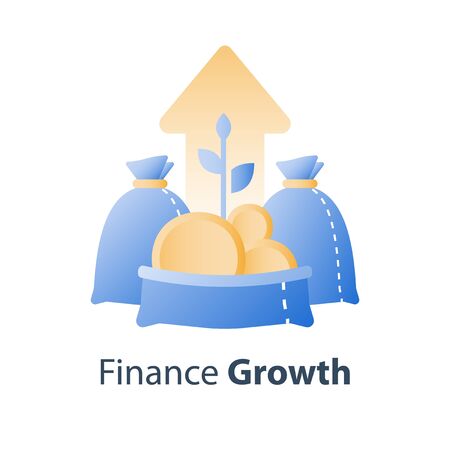 Fast finance asset growth, revenue increase, earn more money, open bag with gold coins and plant stem, invest fund, wealth management, future interest, value investment, vector iconのイラスト素材