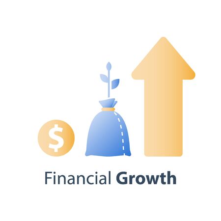 Long term investment strategy, financial value steady growth, asset allocation, stock market future income, revenue increase, mutual fund interest rate, more money saving, plant stem bag, concept iconのイラスト素材