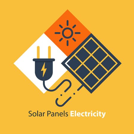 Solar panel and plug, autonomous electricity, source of energy, flat design illustrationのイラスト素材