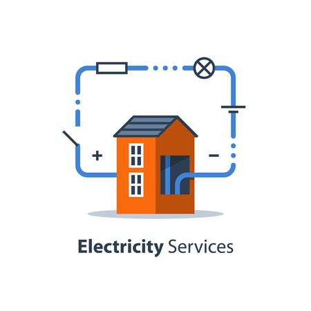 Electricity circuit, repair and maintenance services, house with electrical loop, vector illustrationのイラスト素材