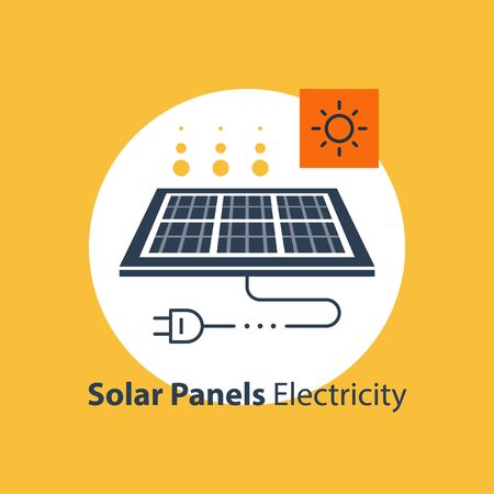 Solar panel with plug and sun icon, autonomous electricity, source of energy, flat design illustrationのイラスト素材