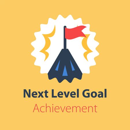 Long term goal, mountain summit with flag, way to success, next level aim, higher achievement, vector flat designのイラスト素材