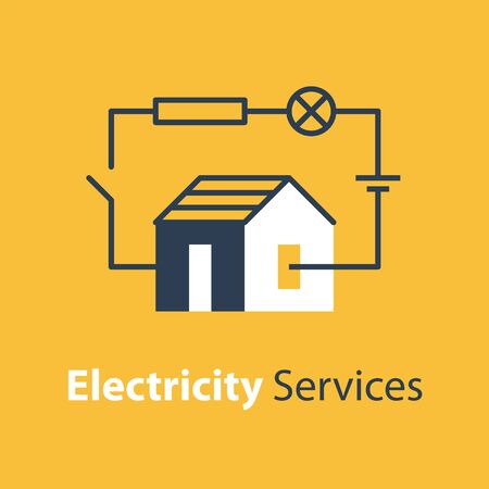Electricity circuit, repair and maintenance services, house with electrical loop, vector illustrationのイラスト素材