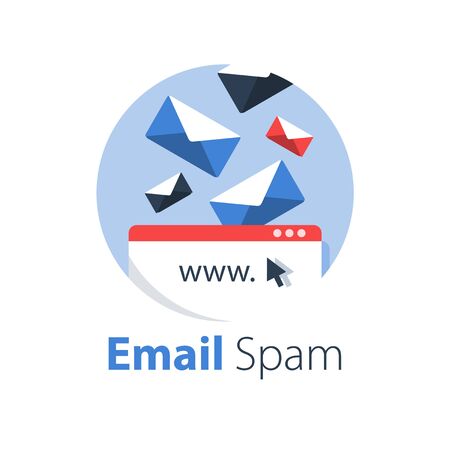Email management, spam letters falling, overfull inbox, vector flat illustrationのイラスト素材