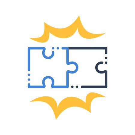 Puzzle pieces, two jigsaw together, simple combination, solution concept, vector flat illustrationのイラスト素材