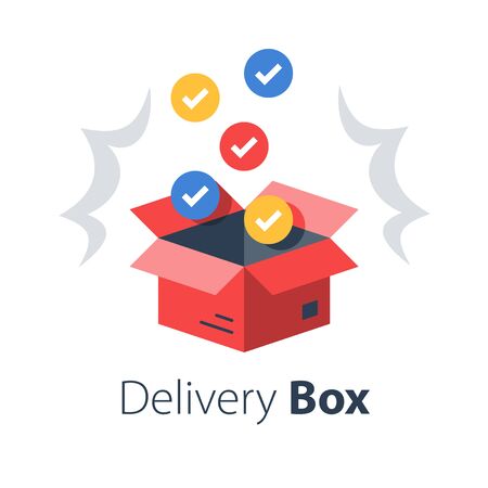 Shop purchase delivery, open order package, multiple set of articles, wholesale products, receive postal parcel, unpack surprise box, vector flat illustrationのイラスト素材