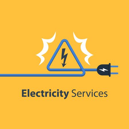 Electricity wires and high voltage sign, repair and maintenance services, vector illustrationのイラスト素材